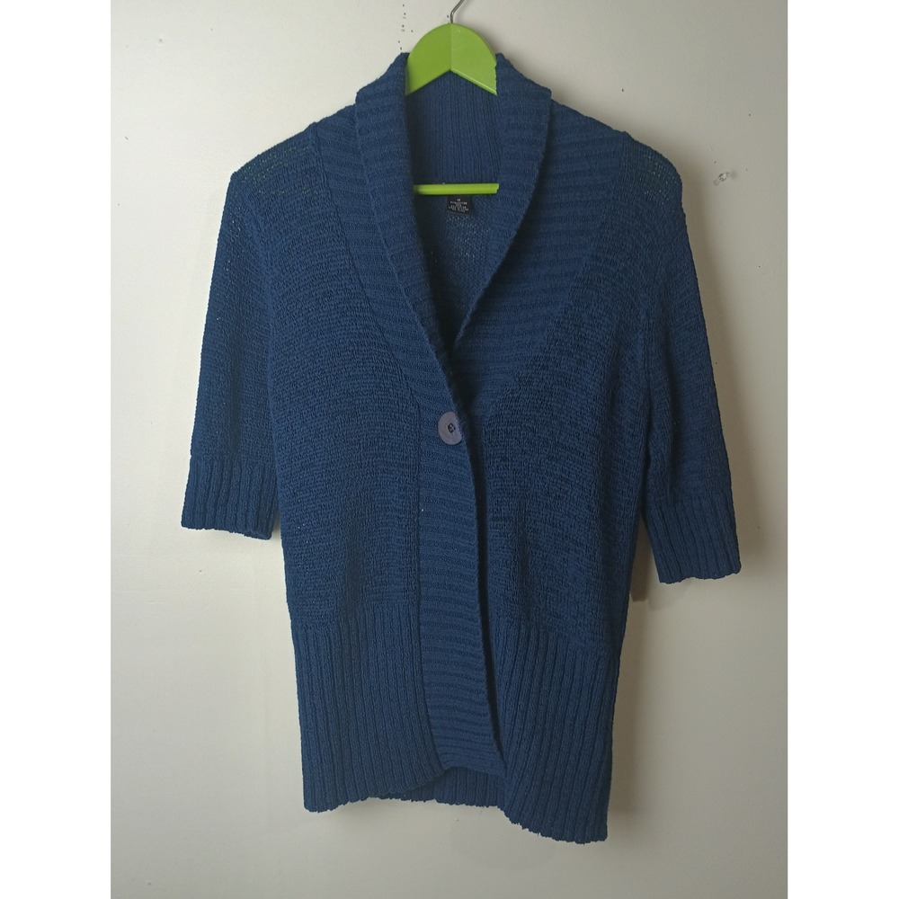 Elena Solano Blue Shawl Collar Knit Cardigan Sweater Single Button Womens Medium